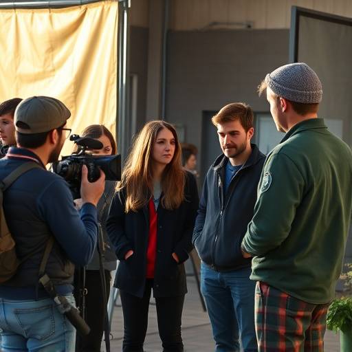 A group of students and instructors on a film set, discussing a scene.