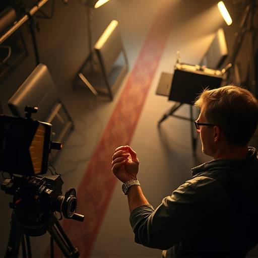Overhead view of a film set with a director giving instructions